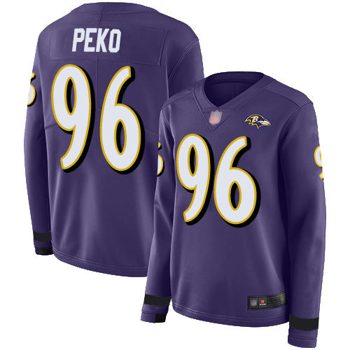Nike Baltimore Ravens #96 Domata Peko Sr Purple Team Color Women's Stitched NFL Limited Therma Long Sleeve Jersey Womens