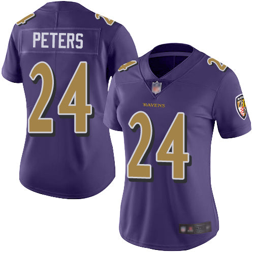 Nike Baltimore Ravens #24 Marcus Peters Purple Women's Stitched NFL Limited Rush Jersey Womens