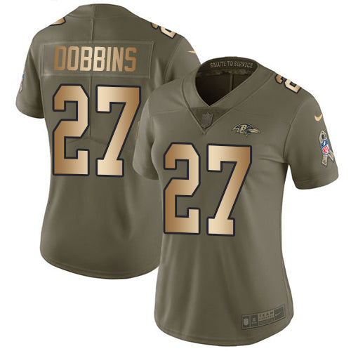 Nike Baltimore Ravens #27 J.K. Dobbins Olive/Gold Women's Stitched NFL Limited 2017 Salute To Service Jersey Womens