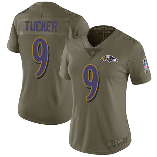 Nike Baltimore Ravens #9 Justin Tucker Olive Women's Stitched NFL Limited 2017 Salute to Service Jersey Womens
