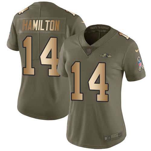 Nike Baltimore Ravens #14 Kyle Hamilton Olive/Gold Women's Stitched NFL Limited 2017 Salute To Service Jersey Womens