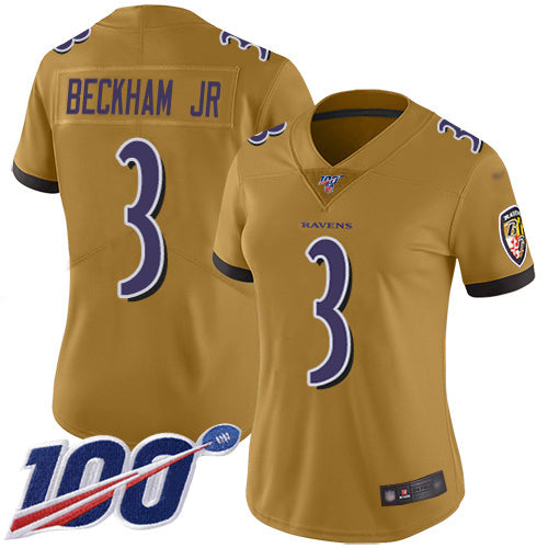 Nike Baltimore Ravens #3 Odell Beckham Jr. Gold Women's Stitched NFL Limited Inverted Legend 100th Season Jersey Womens