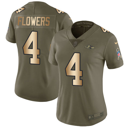 Nike Baltimore Ravens #4 Zay Flowers Olive/Gold Women's Stitched NFL Limited 2017 Salute To Service Jersey Womens