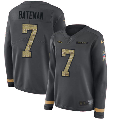 Nike Baltimore Ravens #7 Rashod Bateman Anthracite Salute to Service Women's Stitched NFL Limited Therma Long Sleeve Jersey Womens