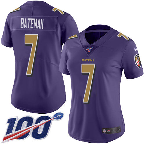 Nike Baltimore Ravens #7 Rashod Bateman Purple Women's Stitched NFL Limited Rush 100th Season Jersey Womens