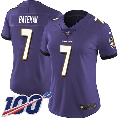 Nike Baltimore Ravens #7 Rashod Bateman Purple Team Color Women's Stitched NFL 100th Season Vapor Untouchable Limited Jersey Womens
