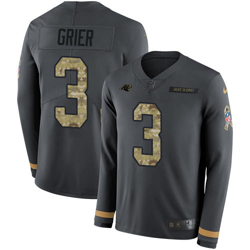 Nike Carolina Panthers #3 Will Grier Anthracite Salute to Service Youth Stitched NFL Limited Therma Long Sleeve Jersey Youth