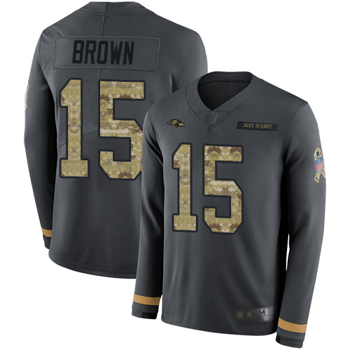 Nike Baltimore Ravens #15 Marquise Brown Anthracite Salute to Service Youth Stitched NFL Limited Therma Long Sleeve Jersey Youth