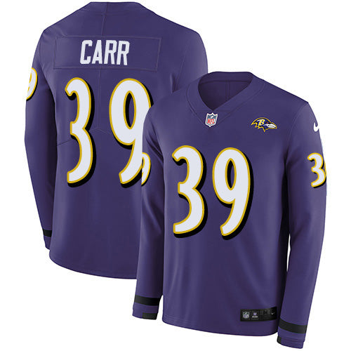 Nike Baltimore Ravens #39 Brandon Carr Purple Team Color Youth Stitched NFL Limited Therma Long Sleeve Jersey Youth