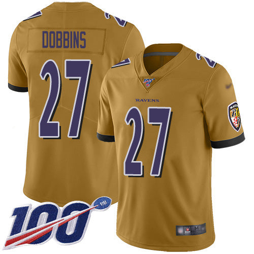 Nike Baltimore Ravens #27 J.K. Dobbins Gold Youth Stitched NFL Limited Inverted Legend 100th Season Jersey Youth