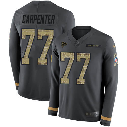 Nike Atlanta Falcons #77 James Carpenter Anthracite Salute to Service Men's Stitched NFL Limited Therma Long Sleeve Jersey Men's