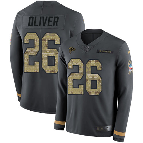 Nike Atlanta Falcons #26 Isaiah Oliver Anthracite Salute to Service Men's Stitched NFL Limited Therma Long Sleeve Jersey Men's