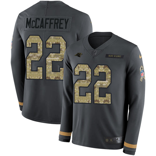 Nike Carolina Panthers #22 Christian McCaffrey Anthracite Salute to Service Men's Stitched NFL Limited Therma Long Sleeve Jersey Men's