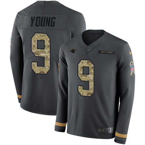 Nike Carolina Panthers #9 Bryce Young Anthracite Salute to Service Men's Stitched NFL Limited Therma Long Sleeve Jersey Men's