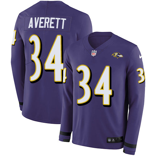 Nike Baltimore Ravens #34 Anthony Averett Purple Team Color Men's Stitched NFL Limited Therma Long Sleeve Jersey Men's