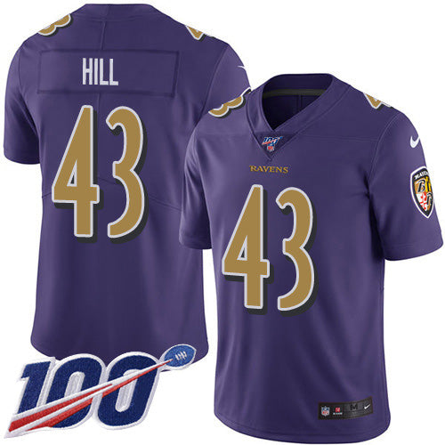 Nike Baltimore Ravens #43 Justice Hill Purple Men's Stitched NFL Limited Rush 100th Season Jersey Men's
