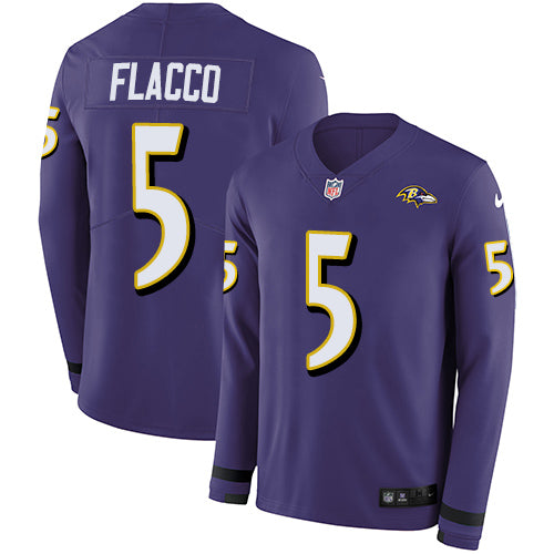 Nike Baltimore Ravens #5 Joe Flacco Purple Team Color Men's Stitched NFL Limited Therma Long Sleeve Jersey Men's