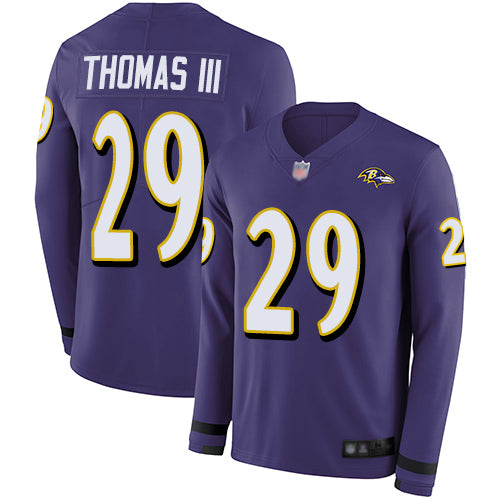 Nike Baltimore Ravens #29 Earl Thomas III Purple Team Color Men's Stitched NFL Limited Therma Long Sleeve Jersey Men's