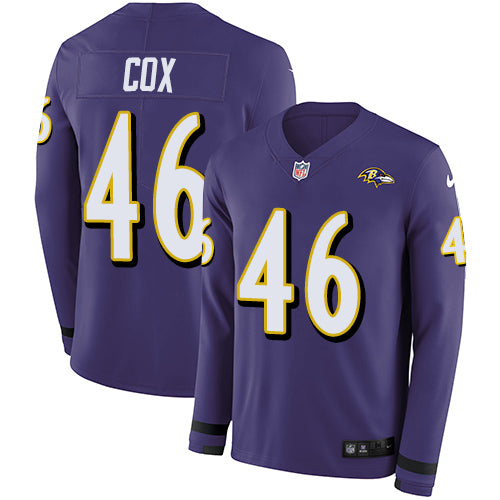 Nike Baltimore Ravens #46 Morgan Cox Purple Team Color Men's Stitched NFL Limited Therma Long Sleeve Jersey Men's