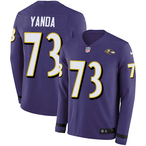Nike Baltimore Ravens #73 Marshal Yanda Purple Team Color Men's Stitched NFL Limited Therma Long Sleeve Jersey Men's