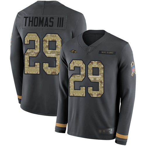 Nike Baltimore Ravens #29 Earl Thomas III Anthracite Salute to Service Men's Stitched NFL Limited Therma Long Sleeve Jersey Men's