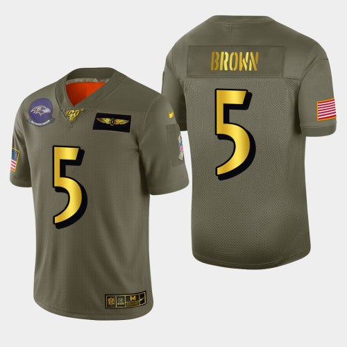 Baltimore Baltimore Ravens #5 Marquise Brown Men's Nike Olive Gold 2019 Salute to Service Limited NFL 100 Jersey Men's