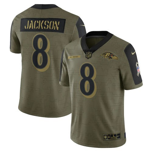 Baltimore Baltimore Ravens #8 Lamar Jackson Olive Nike 2021 Salute To Service Limited Player Jersey Men's