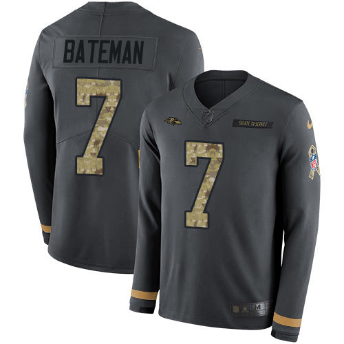Nike Baltimore Ravens #7 Rashod Bateman Anthracite Salute to Service Men's Stitched NFL Limited Therma Long Sleeve Jersey Men's